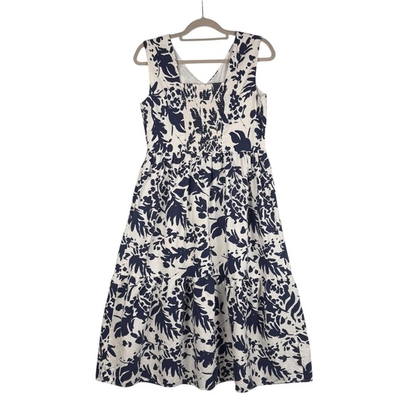 Magaschoni Floral Linen Blend White Navy Blue Sleeveless Midi Dress Size 8 - Picture 4 of 7
